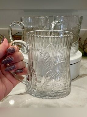 Arcoroc Canterbury Crocus Pressed Clear Glass Mugs, Made in France, set of 4 EUC